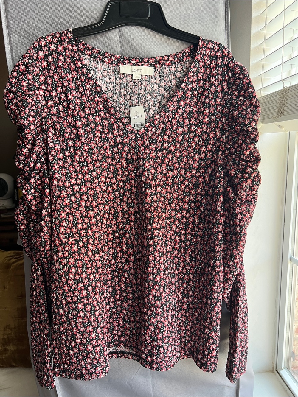 LOFT Black and Pink Floral V-Neck Blouse